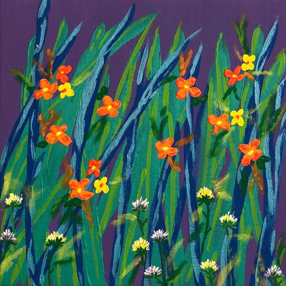 Fluorescent Flowers Floral Acrylic Painting, 8x8